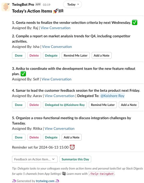 Today's Action Items in Slack